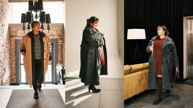 Kobieta w różnych stylizacjach plus-size: płaszcze, sukienka, sweter, spodnie.